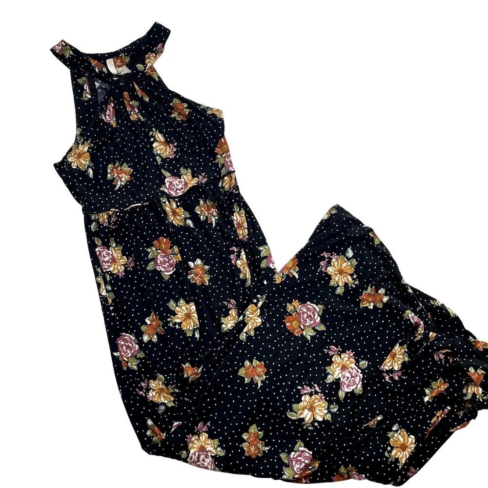 Free People Floral Polka Dot Maxi Dress With Lace Detail Halter Neck Black Size